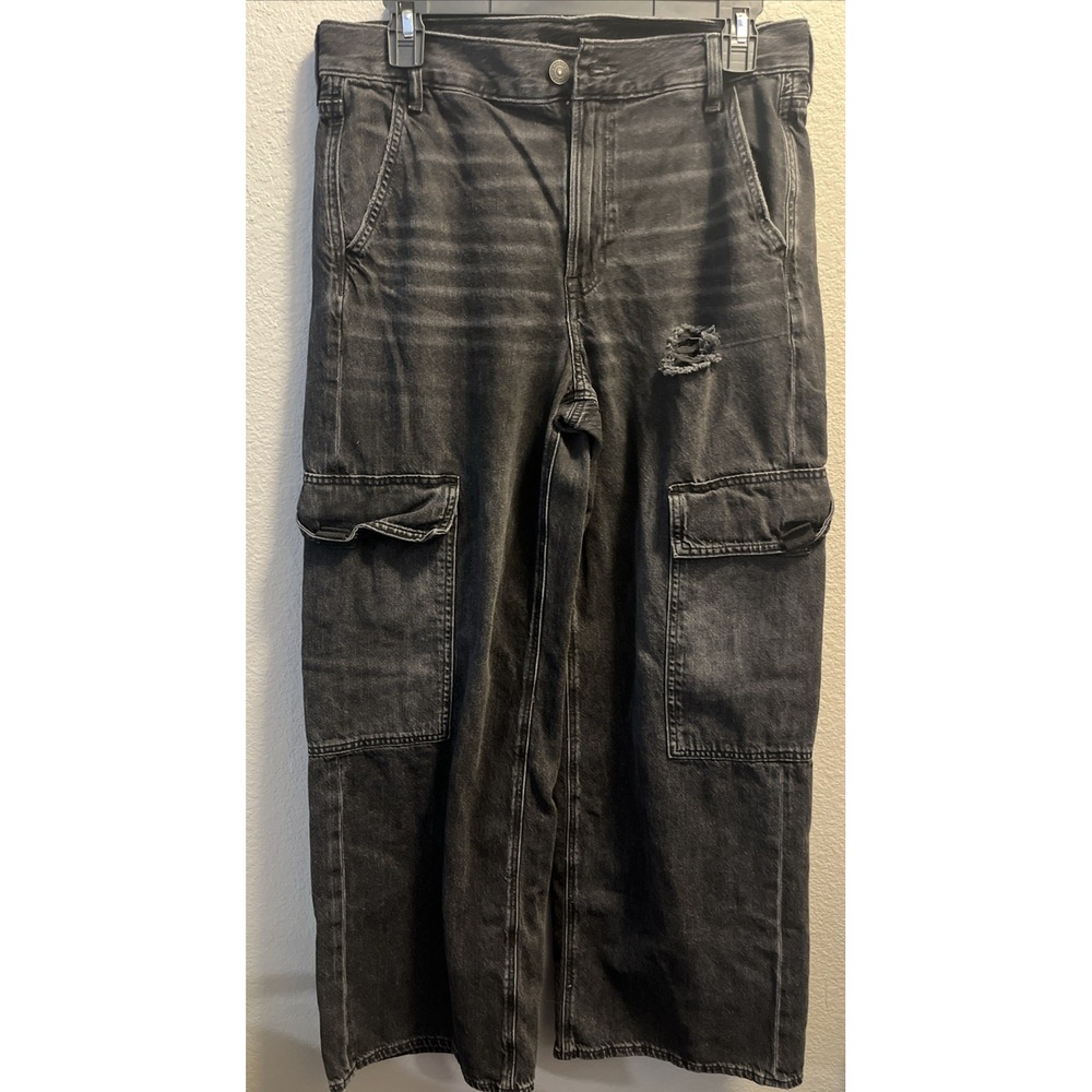 American Eagle Jeans Women 8 Black Wide Leg Baggy Cargo High Rise Denim